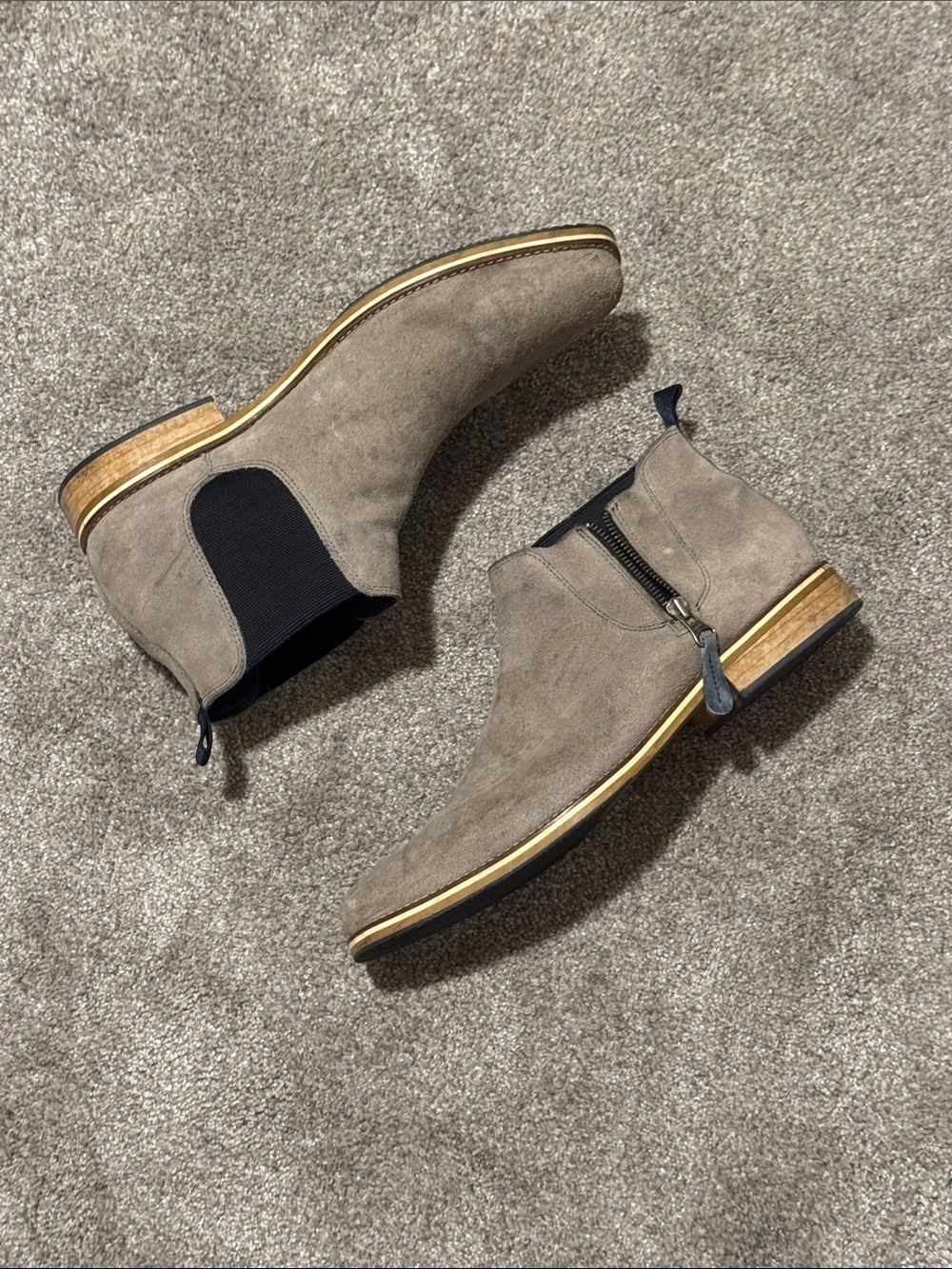 Gray Suede Chukka Boots with Navy Blue Side Zip and Elastic Gusset